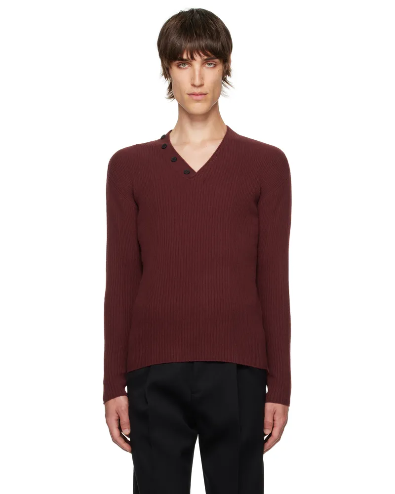 Lanvin Burgundy Ribbed V-Neck Sweater 39