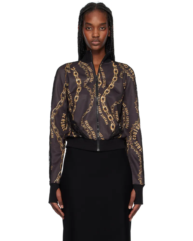 Versace Jeans Black & Gold Chain Couture Lace Zip Sweatshirt Eg89