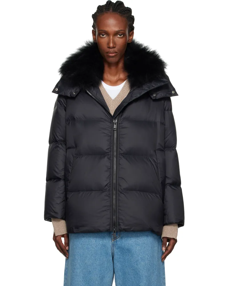 Yves Salomon Black Iconic A Line Lambswool Collar Down Jacket C99