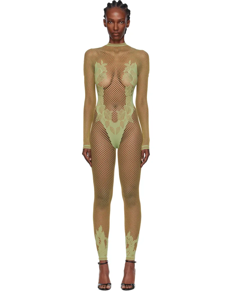 Poster Girl Green Leaves Fishnet Capri Jumpsuit Green