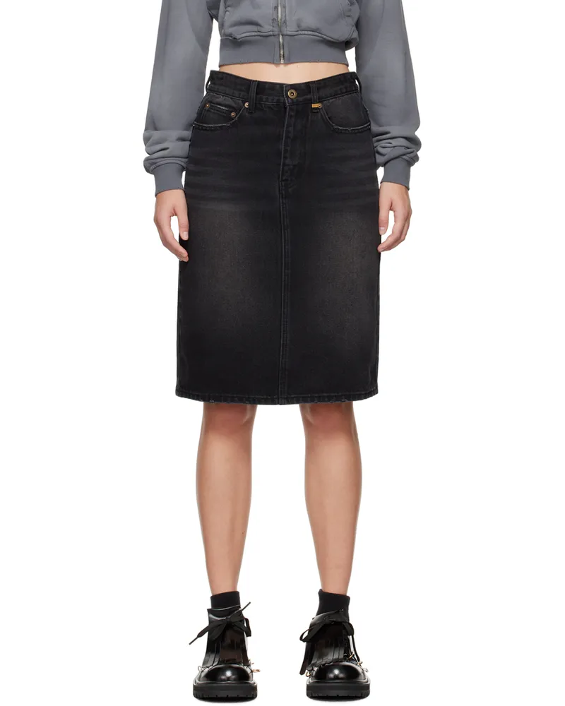 WE 11 DONE Black Washed Denim Midi Skirt Black