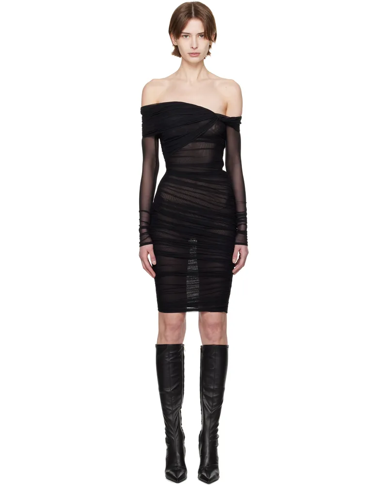 Thierry Mugler Black Off-Shoulder Ruched Minidress 1999