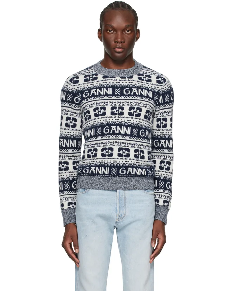 Ganni Navy & White Crewneck Sweater Sky