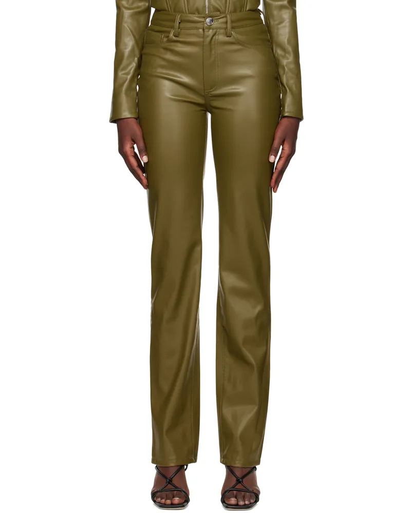STAUD Khaki Chisel Faux-Leather Pants Avocado
