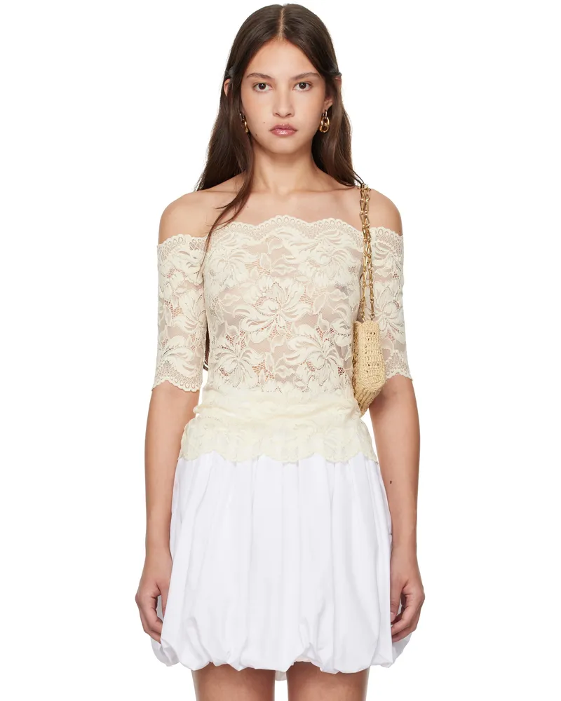 Paco Rabanne Off-White Stretch Lace Short Sleeve Top Ivory