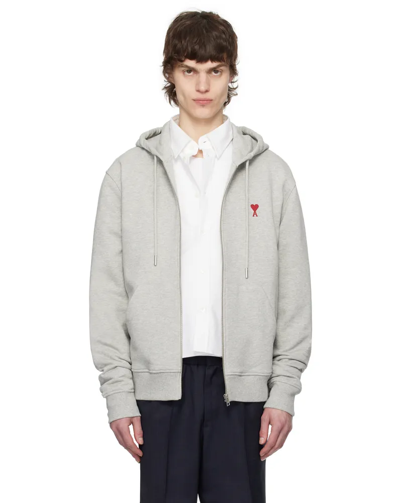 AMI Paris Gray Cotton Ami de Coeur Zipped Hoodie 0951