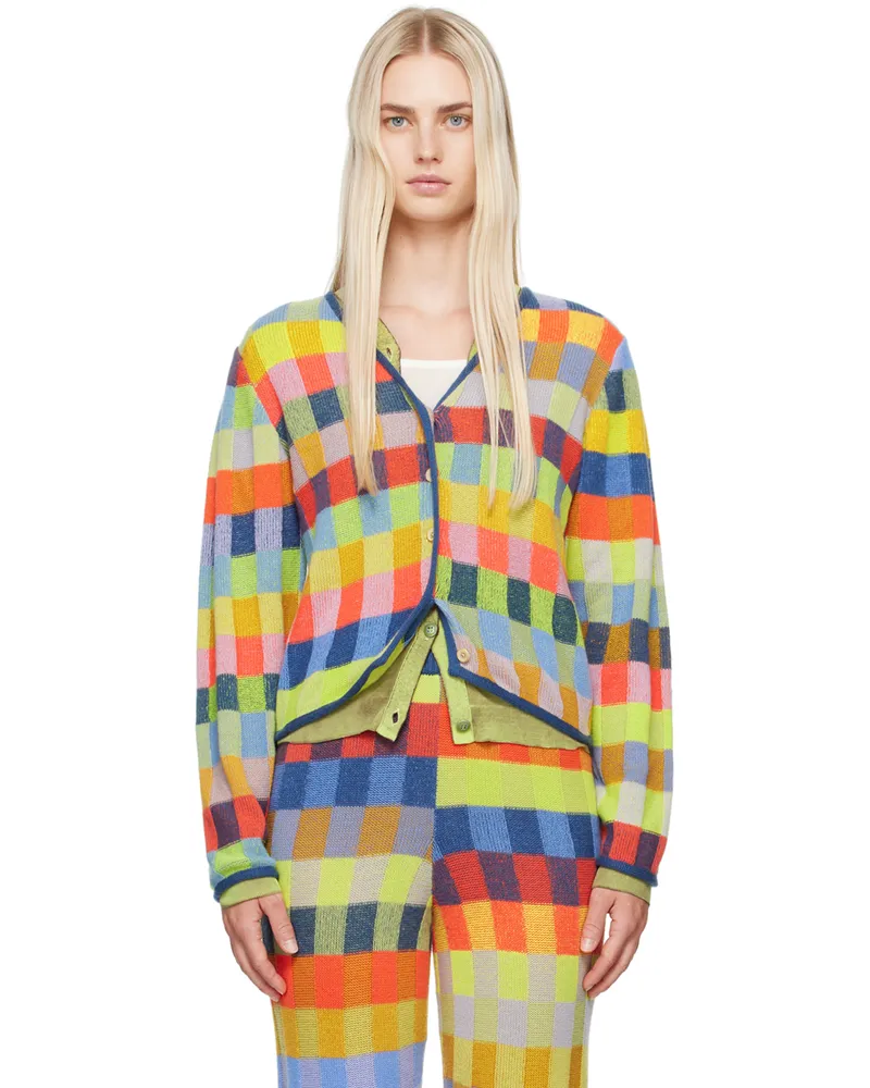The Elder Statesman Multicolor Check Cardigan Rib