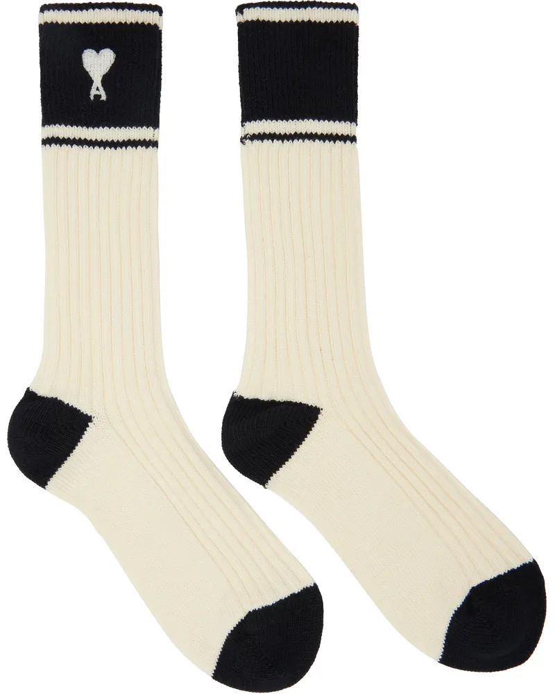 AMI Paris Off-White Cotton Ami de Coeur Striped Socks 1360