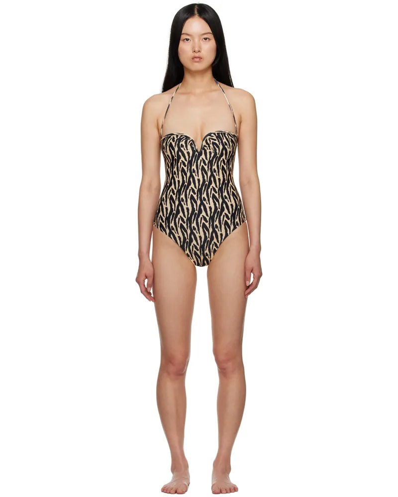 Nanushka Beige & Black Brissa One-Piece Swimsuit Brushtroke