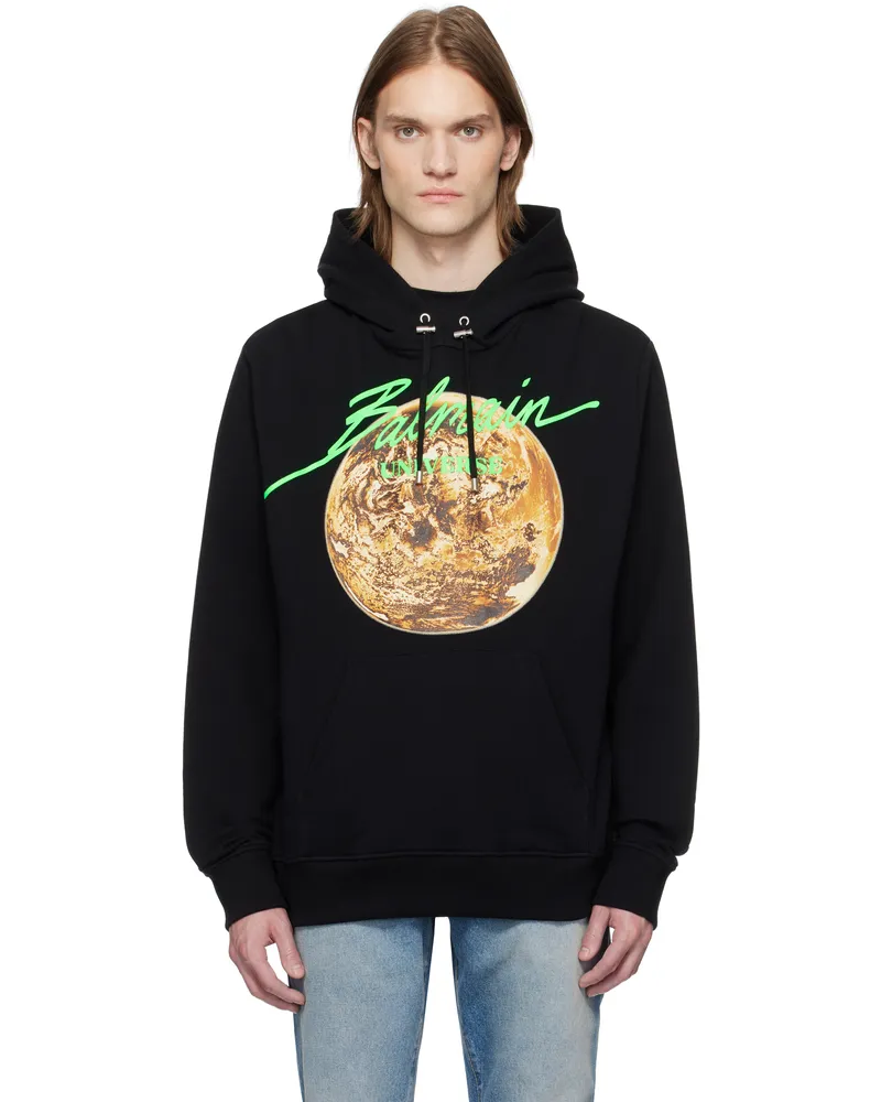 Balmain Black Printed 'Balmain Universe' Logo & Planet Hoodie Enn