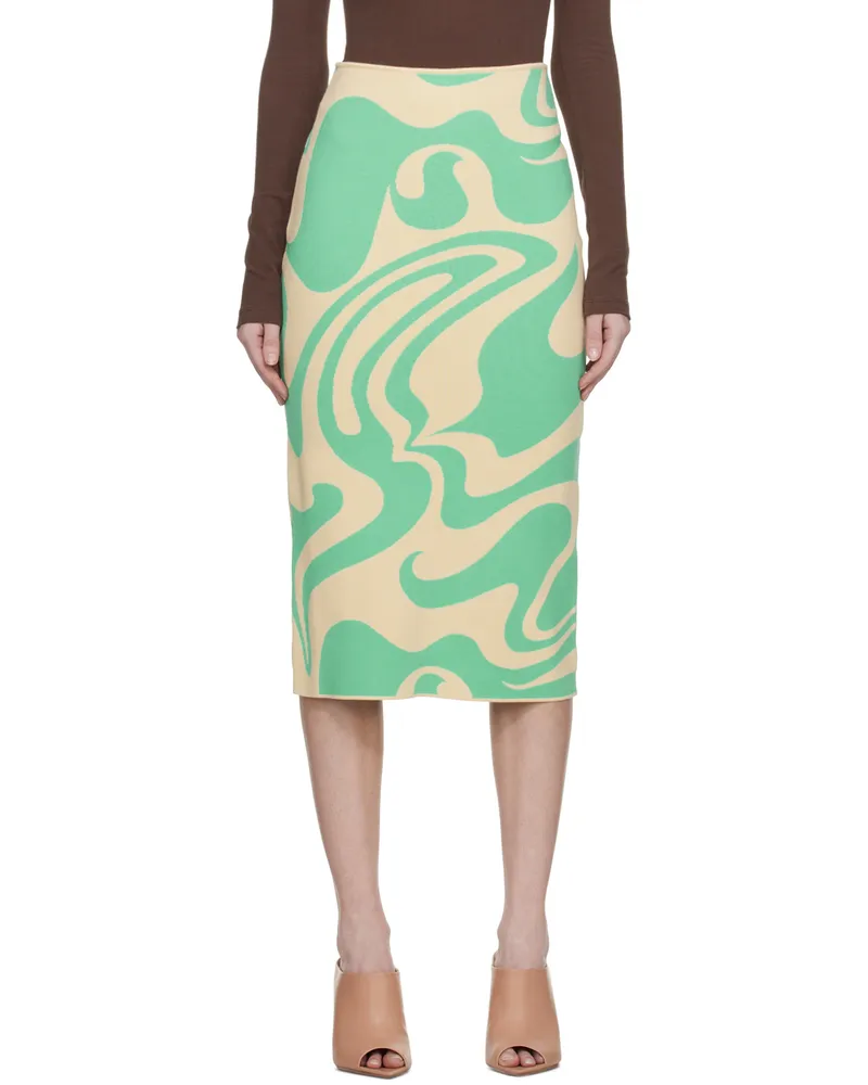 SPORTMAX Green & Beige Sax Midi Skirt 004