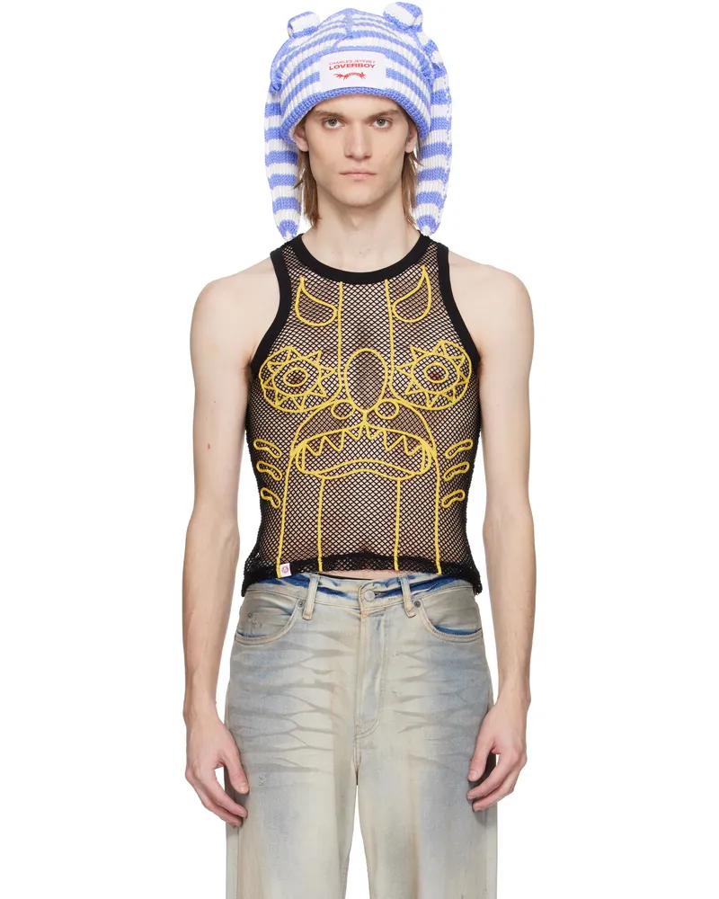 Charles Jeffrey Loverboy SSENSE Exclusive Black & Yellow Graphic Net Tank Top Blk