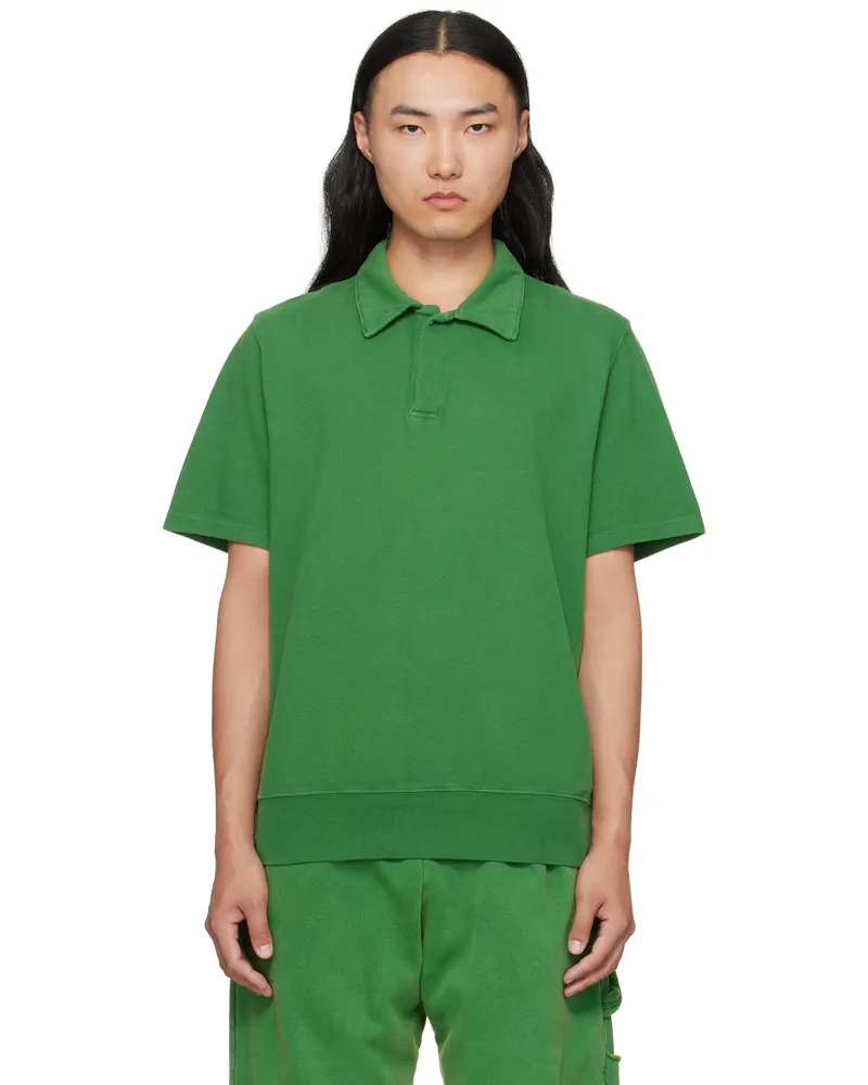 LES TIEN Green Piqué S/S Banded Tennis Polo Washed