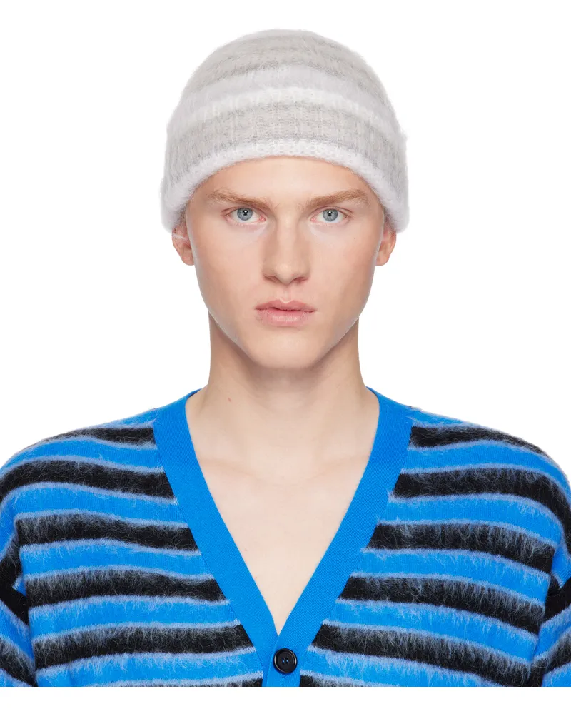 Marni White & Gray Striped Mohair Beanie Rgn02