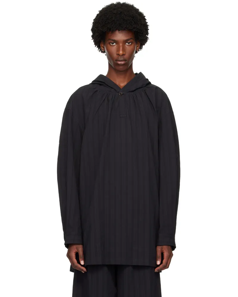 AMOMENTO Black Shirring Hooded Top Black