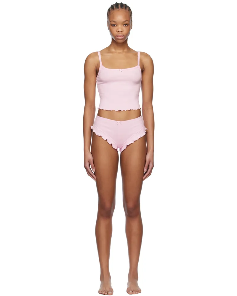 SKIMS Pink Logo Pointelle Cropped Cami Pyjama Set Cherry
