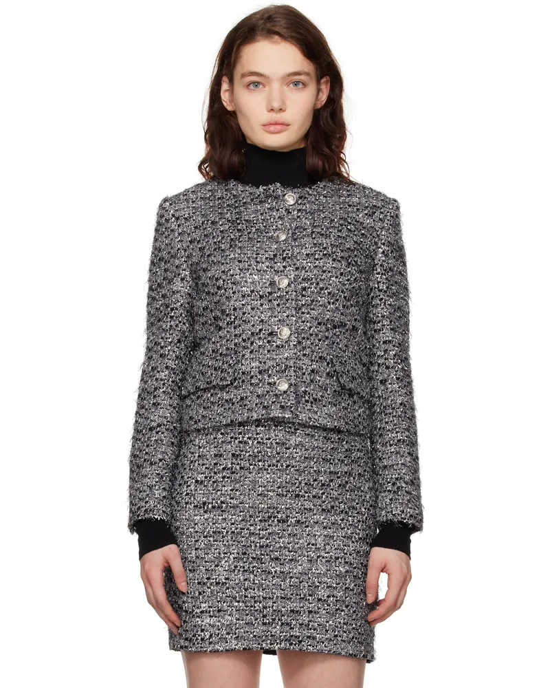 JUUN.J Gray Round Neck Crop Tweed Jacket 3