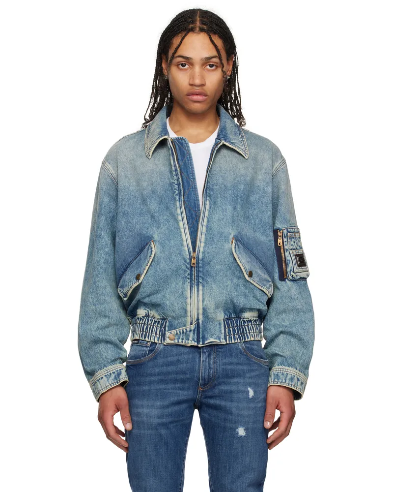 Dolce & Gabbana Blue Cotton Tag Denim Bomber Jacket Variante