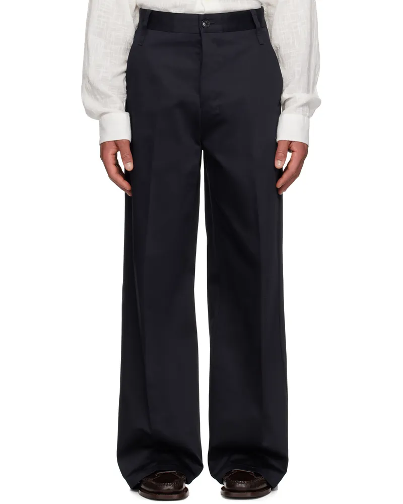 AMI Paris Navy Cotton Baggy Fit Trousers 4011