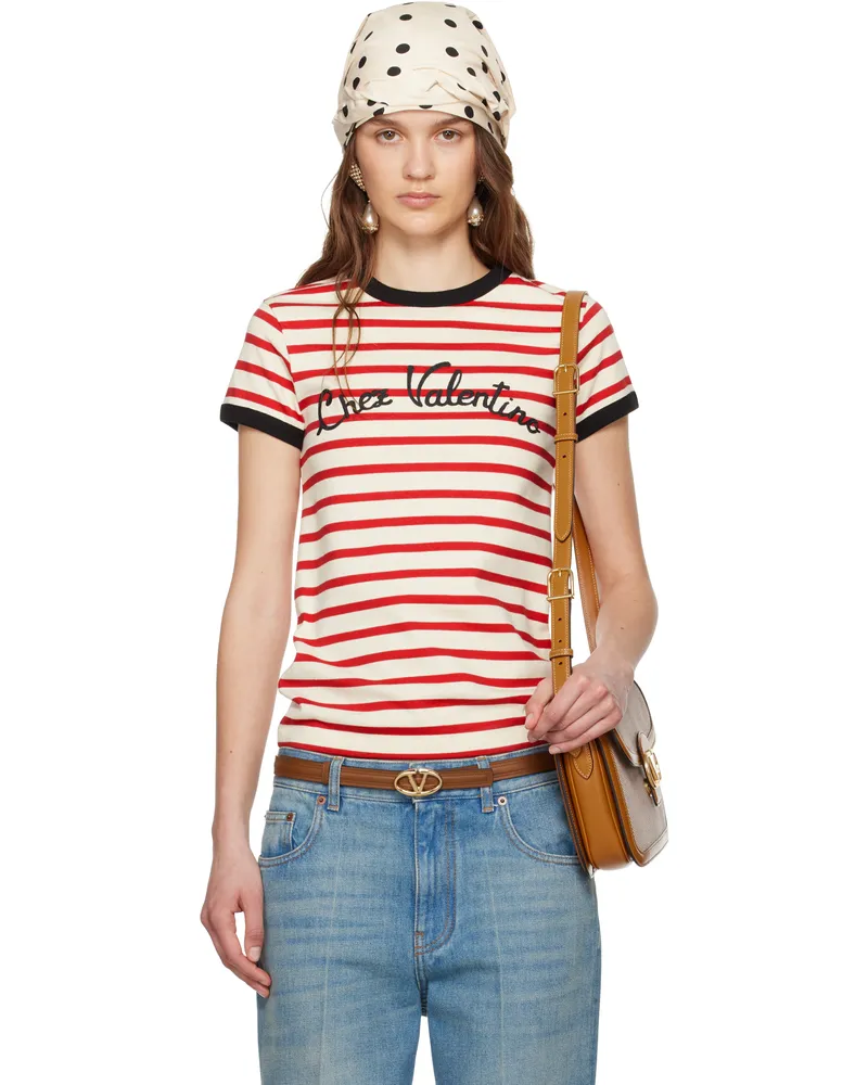 Valentino Garavani Red & Off-White Striped Jersey Cotton T-shirt As0