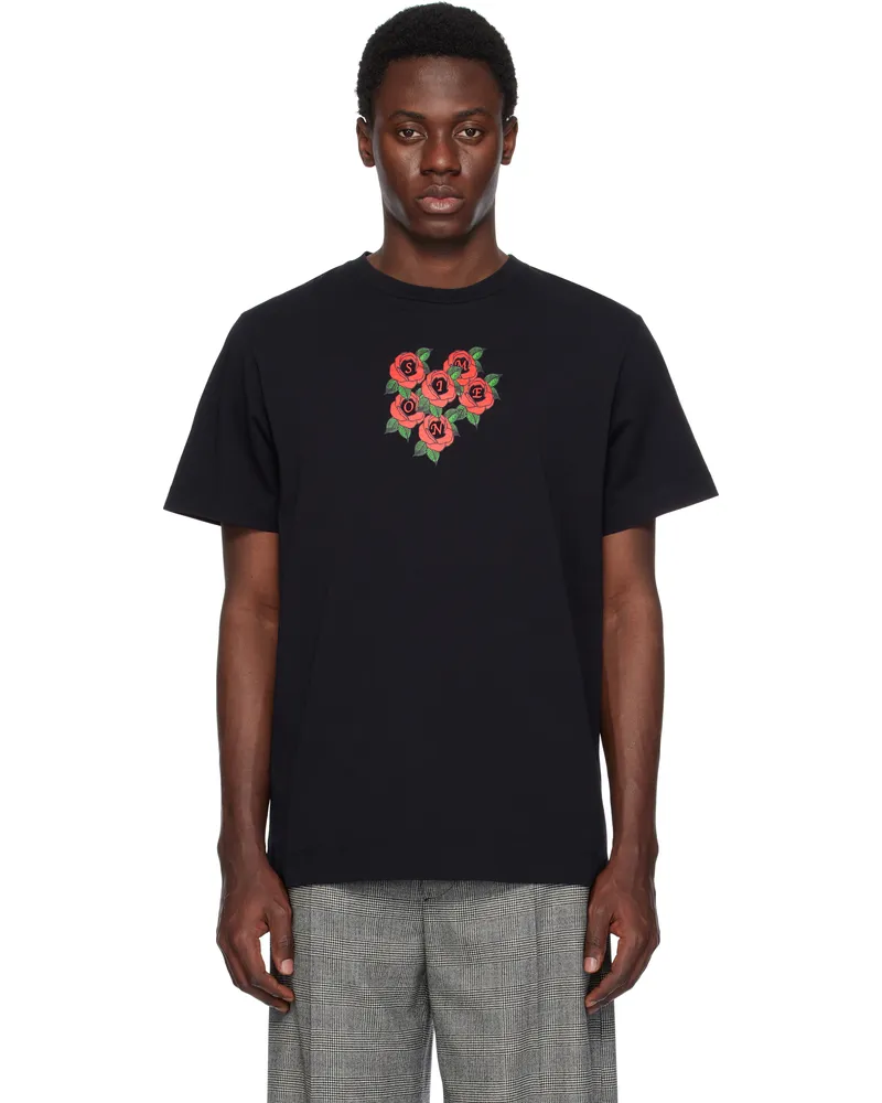 Simone Rocha Black Cluster Rose Logo Print T-shirt Black