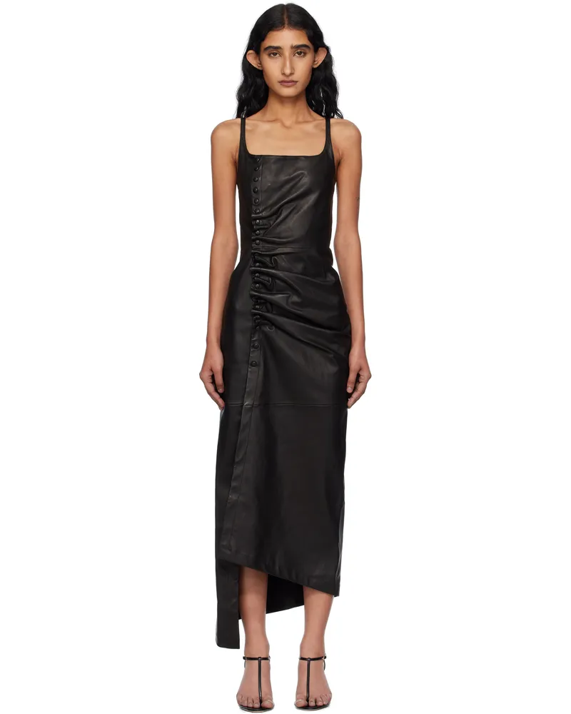 Paco Rabanne Black Draped Leather Midi Dress Black