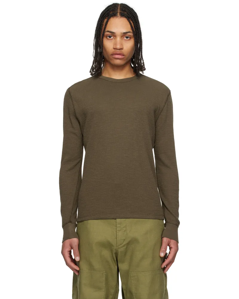 RRL Khaki Garment-Dyed Waffle-Knit Crewneck Sweatshirt Olive