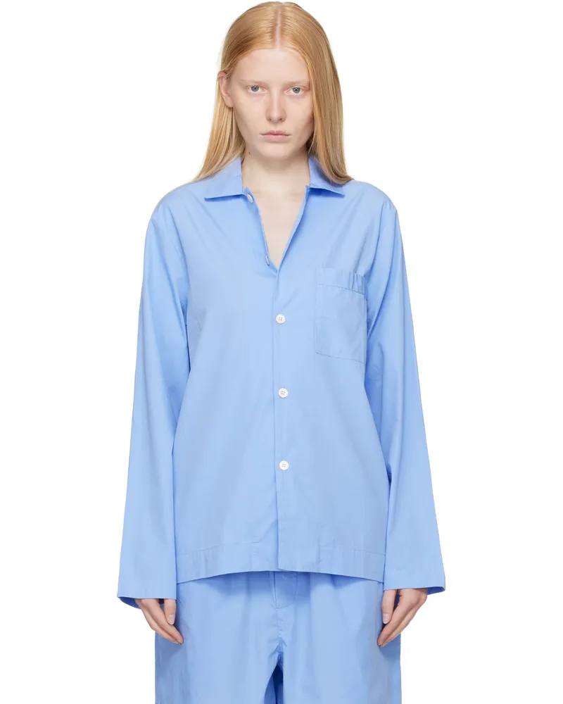 TEKLA Blue Poplin Long-Sleeved Pyjama Shirt Cornflower