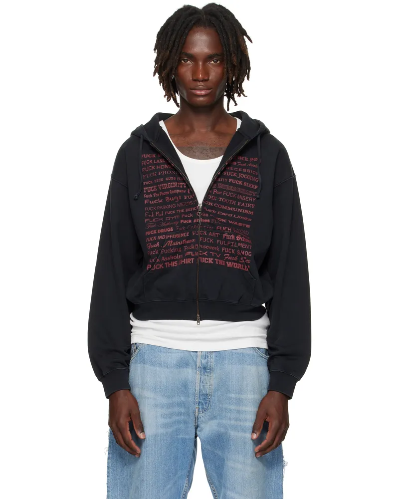 VETEMENTS Black 'Fuck' Fitted Zip-Up Hoodie Washed