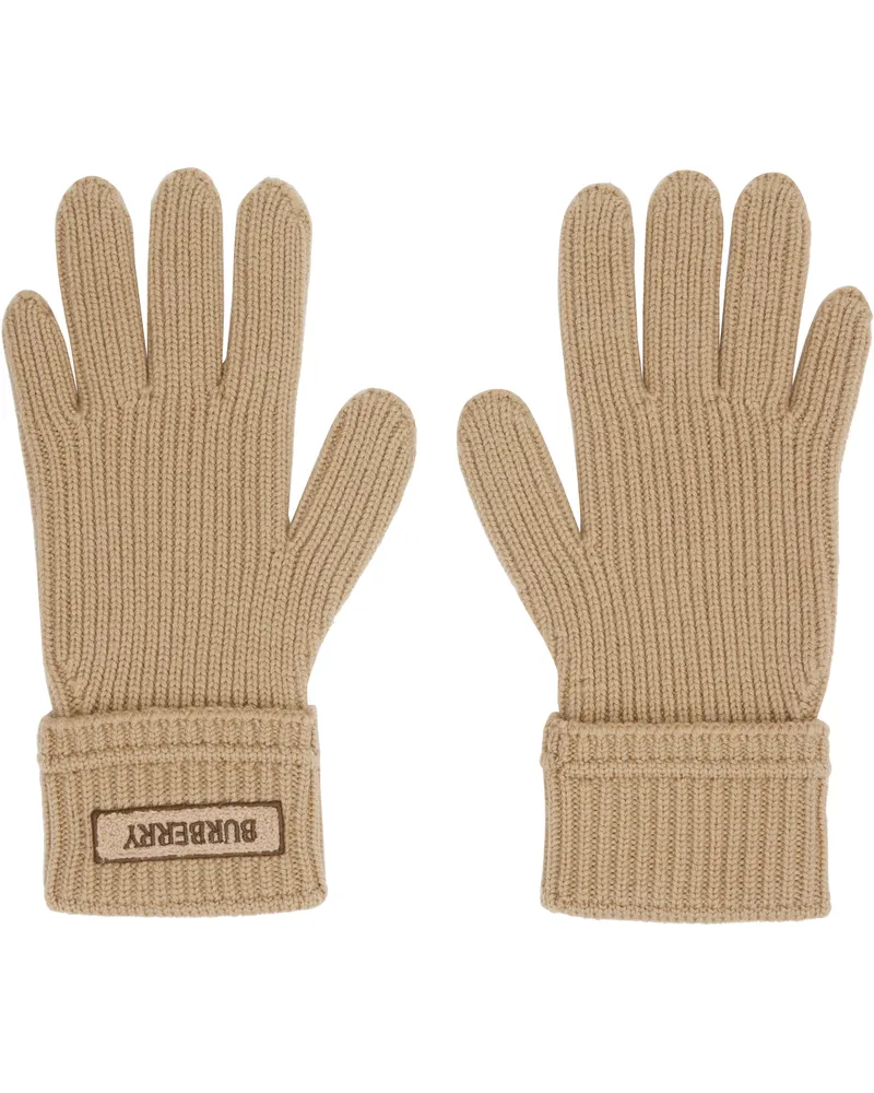 Burberry Beige Logo Patch Wool Gloves Sand