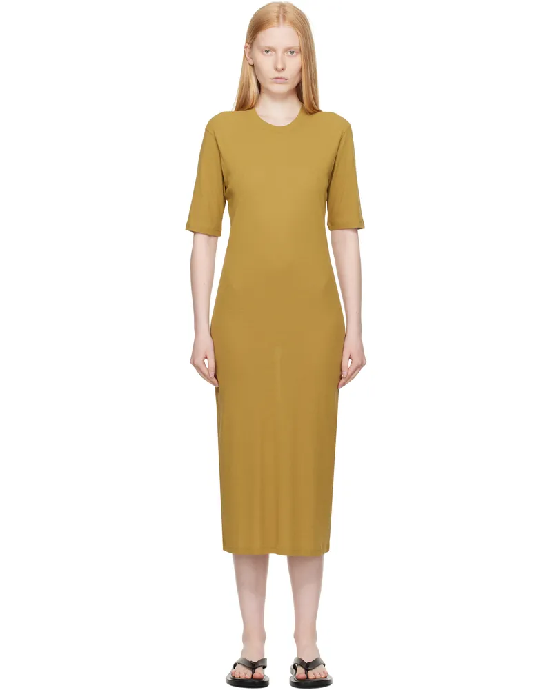 AMI Paris Khaki Cotton Short Sleeve Maxi Dress Havana