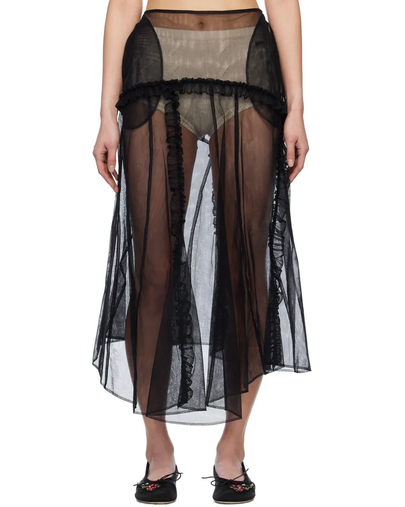 Simone Rocha Black Sheer Ruffle Frill Multi Seam Midi Skirt Black