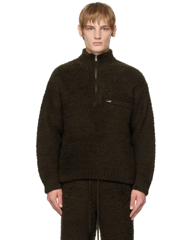 AURALEE Brown Merino Wool Boa Knit Half Zip Sweater Dark