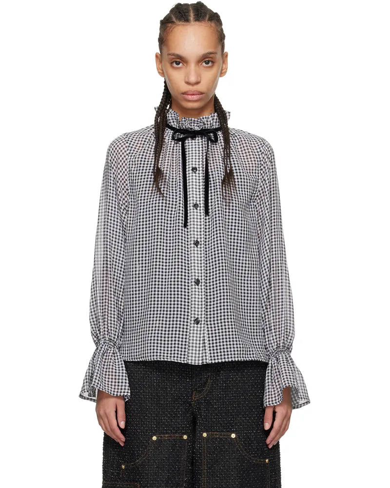 Ganni Black & White Sheer Check Tie String Shirt 099