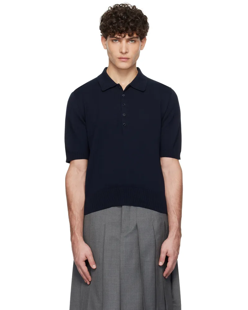 Thom Browne Navy Cotton 4-Bar Relaxed Fit Polo 415