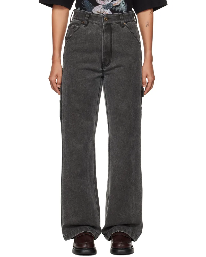WE 11 DONE Black Rhinestone Logo Carpenter Trousers Black