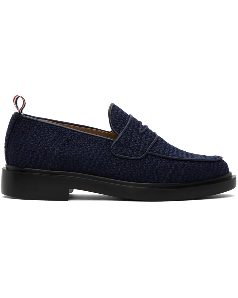 Thom Browne Navy Tweed Penny Loafers Navy