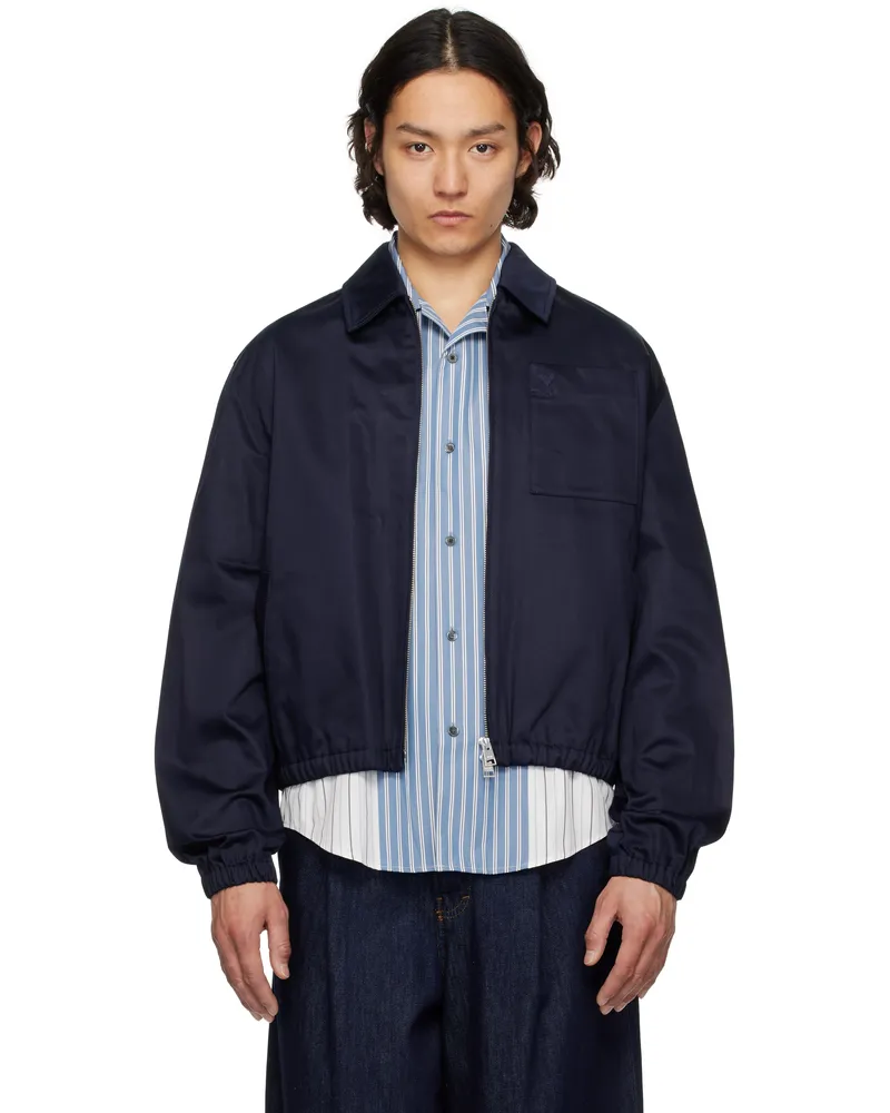 AMI Paris Navy Cotton Ami de Coeur Zipped Jacket 4011