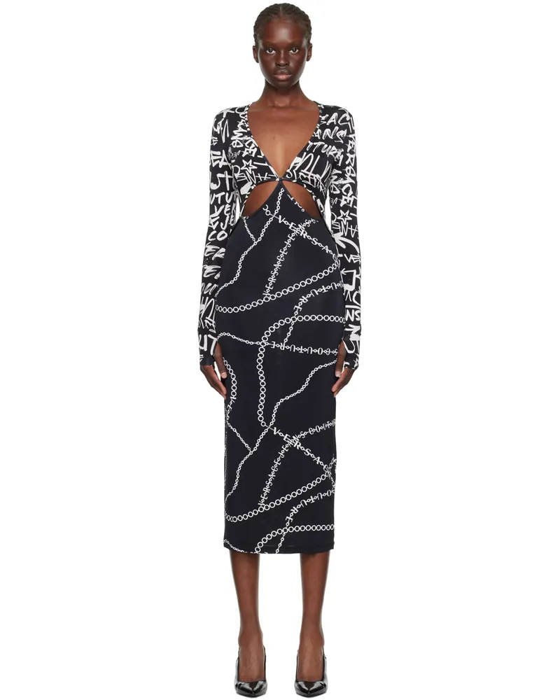 Versace Jeans Black Graffiti Cutout Midi Dress E899