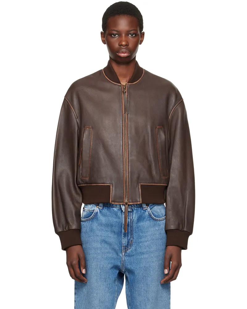 Max Mara Brown Nappa Leather Bomber Jacket 001