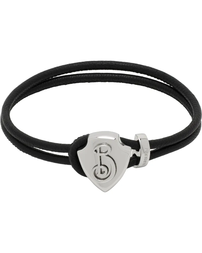 Burberry Black Leather B Shield Bracelet Silver