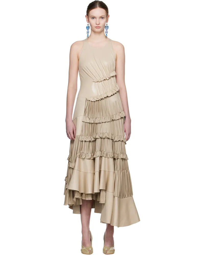 Tory Burch Beige Ruffle Liquid Jersey Midi Dress Beige