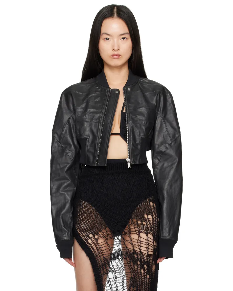 Rick Owens Black Hollywood Girdered Cropped Leather Bomber Jacket 09