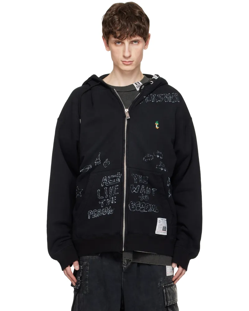 MIHARAYASUHIRO Black Distressed Graffiti Print Zip-Up Hoodie Black