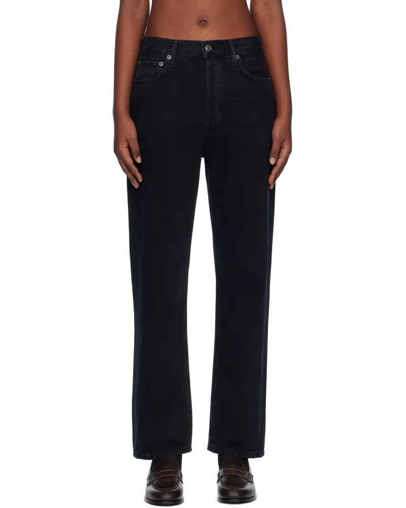 AGOLDE Black 90's Pinch Waist High Rise Straight Jeans Crushed