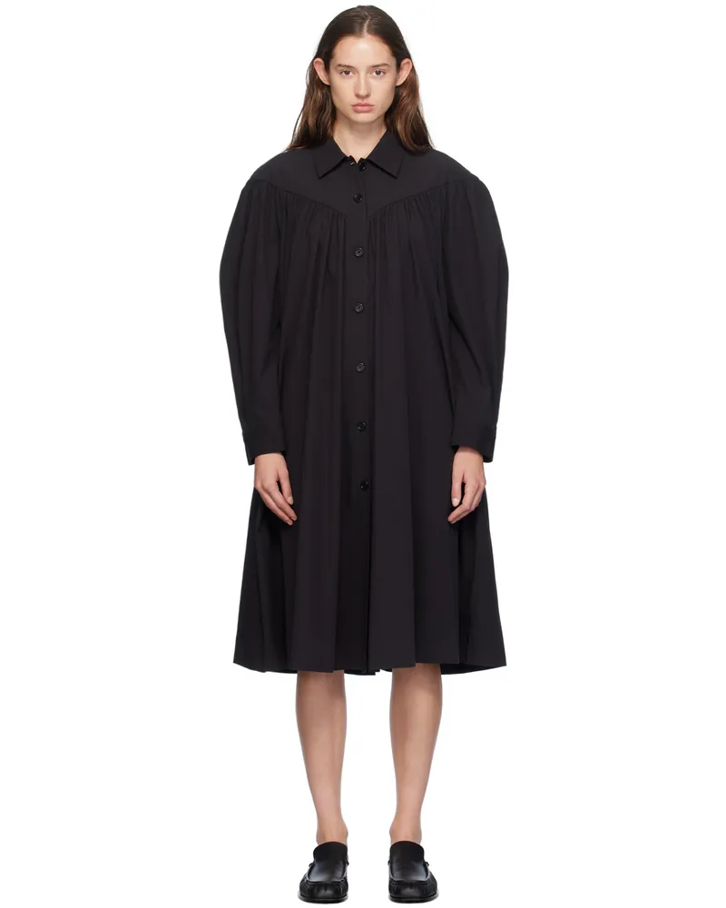 AMOMENTO Black V-Line Yoke Shirring Midi Dress Black