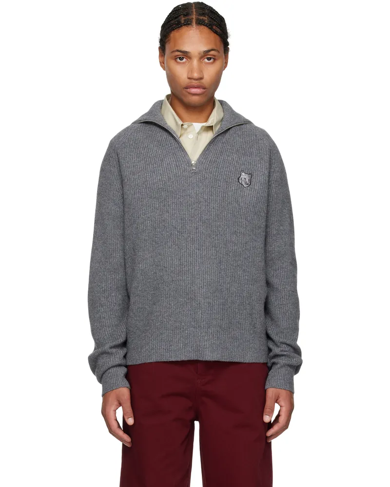 Kitsuné Gray Bold Fox Head Patch Half Zip Ribbed Sweater H131