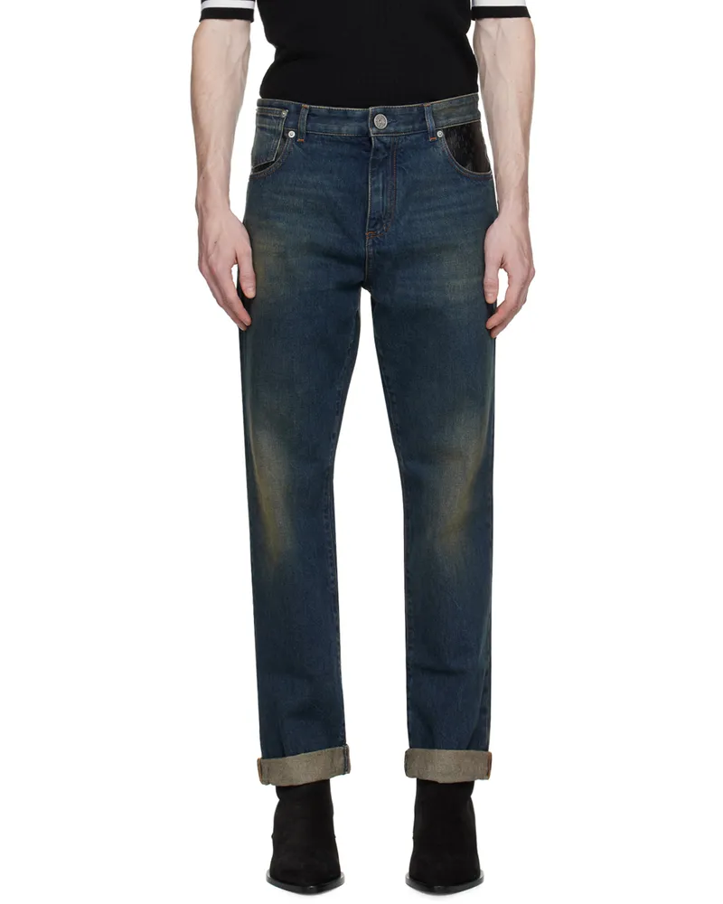 Balmain Blue Leather Pocket Jeans Sgs