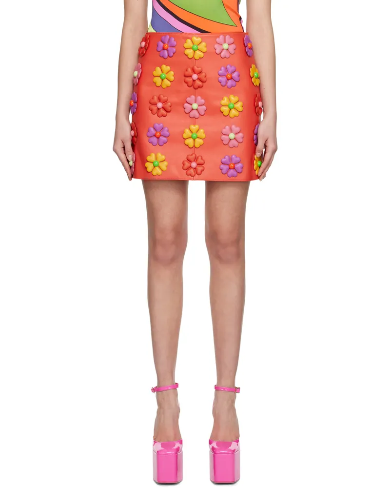Moschino Red All-Over Flowers Leather Miniskirt A2127