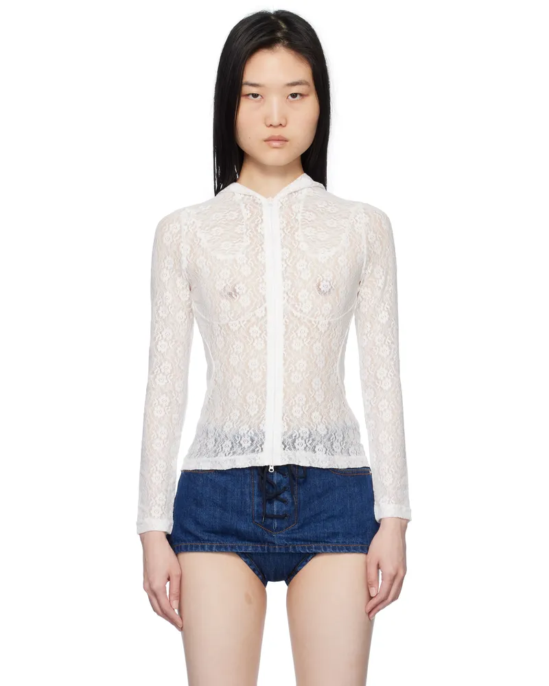 pushBUTTON White Lace Zip-Up Hoodie White